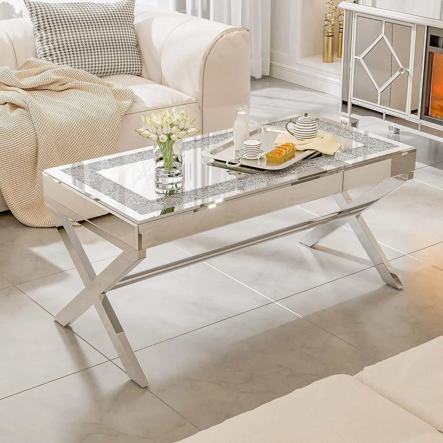 Mirrored coffee table with mirrored crystal plate and X-shaped stainless steel tripod Square coffee table