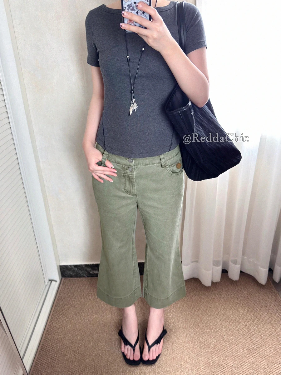 REDDACHiC Pantaloni bootcut corti da donna anni '90 Verde solido Estate Cleanfit Vita alta Doppio bottone Gamba larga Jeans casual Y2k Streetwear