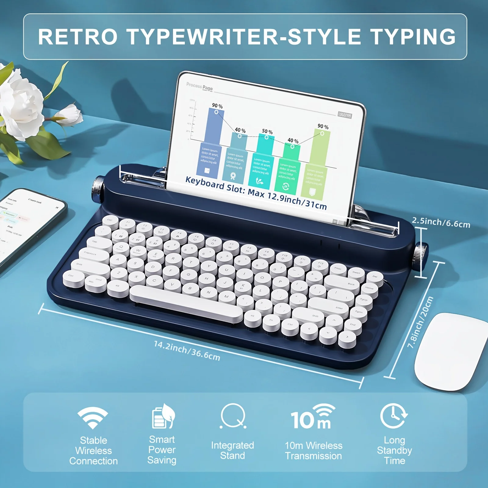 Blue Wireless BT Typewriter Retro Aesthetic Keyboard With Integrated Stand For Multi-Device