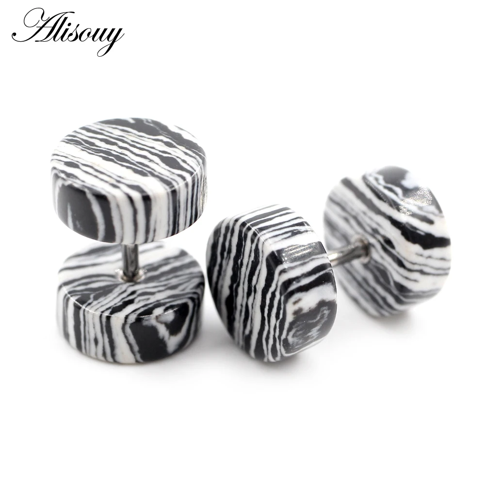 Alisouy 2PCS Women Men Natural stone tunnels Earring Barbell Tragus Cartilage fake Ear plugs piercing body jewelry earrings