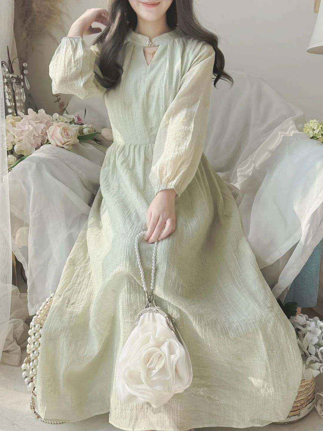 

New Chinese Sle mat Embroidered Knot Improved Girl Daily National Dr Cold Tone H Version Long Sve Dr