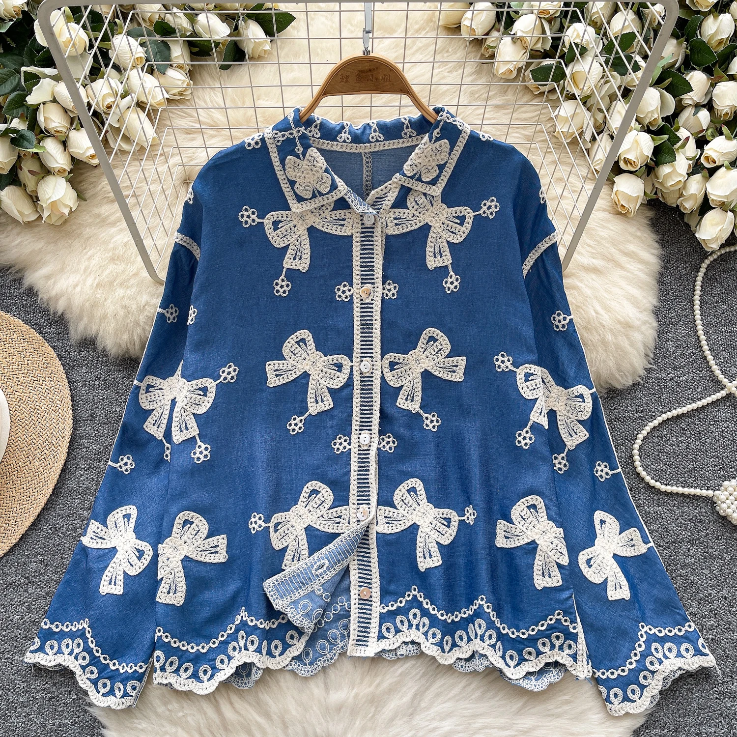 

Retro Embroidery Bowknot Loose Women Shirts 2025 New Single Breasted Long Sleeved Casual Versatile Blouses Tops