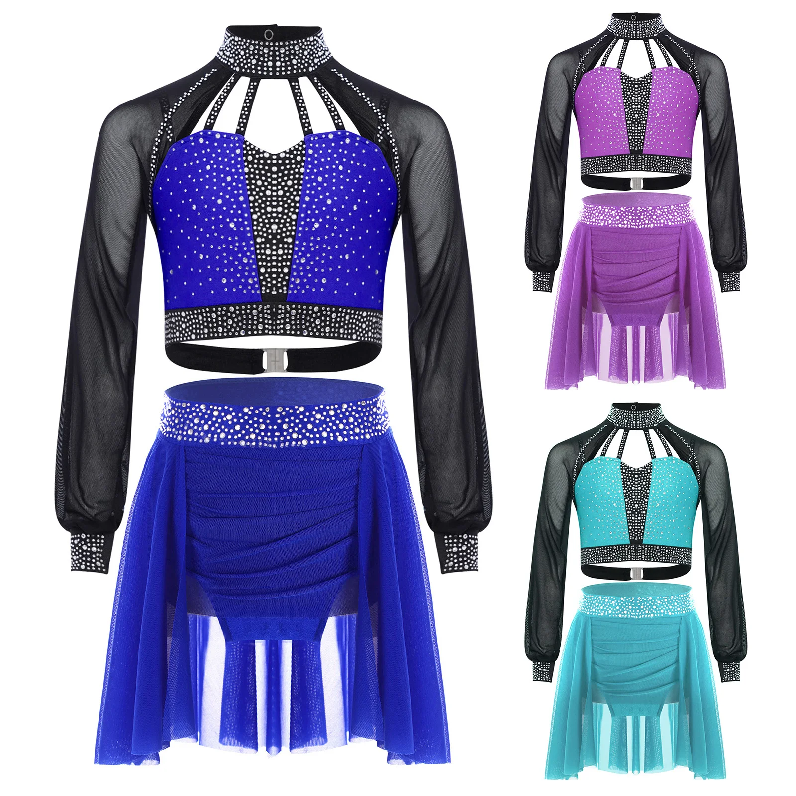 meninas-danca-ginastica-ritmica-acrobacia-outfit-ballet-patinacao-artistica-traje-manga-longa-strass-colheita-topo-com-saia-de-malha