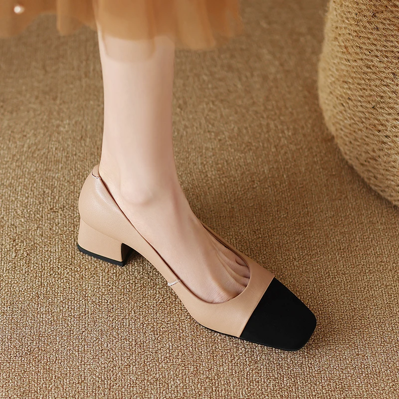 Women Pumps Shoes Genuine Leather 5cm Heels Elegant Fashion Concise High Quality Lady Shoes  Square Toe HIgh Thick Heel A124