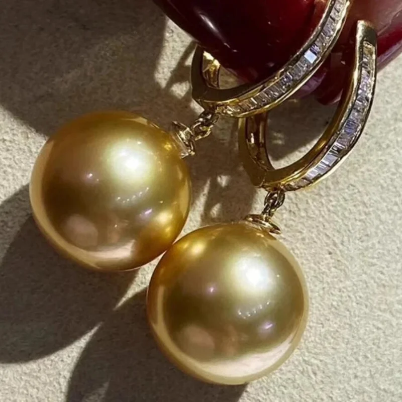 Natural AAAA Quality 10-11mm South China Sea Gold round Pearl Earrings 925 Sterling Silver Post Backs Elegant Jewelry Set