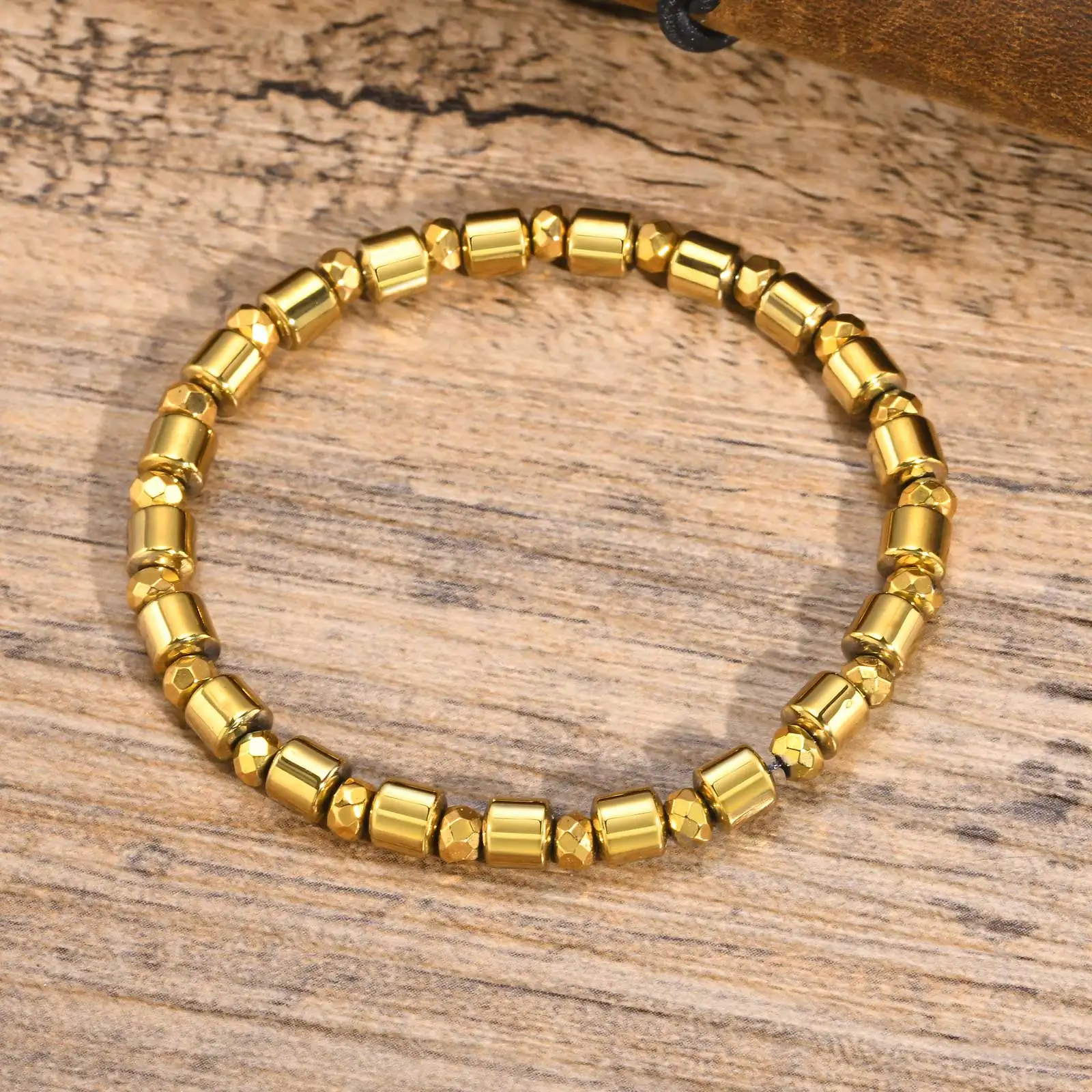 Hematite Beaded Bracelets for Men Boys,Gold Color Cylindrical Beads Bracelet,Eliminating negative energy in the body