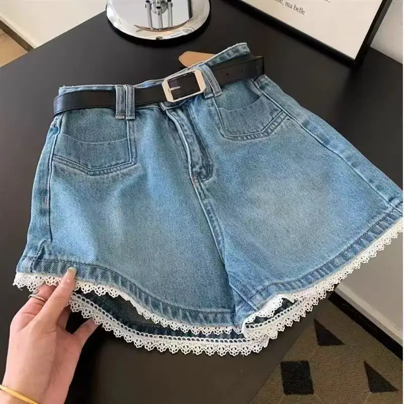 

2026 Summer Light Blue Lace High-waisted Denim Shorts New Casual Loose And Thin Wide-leg A-word Pants Pocket Female Trousers
