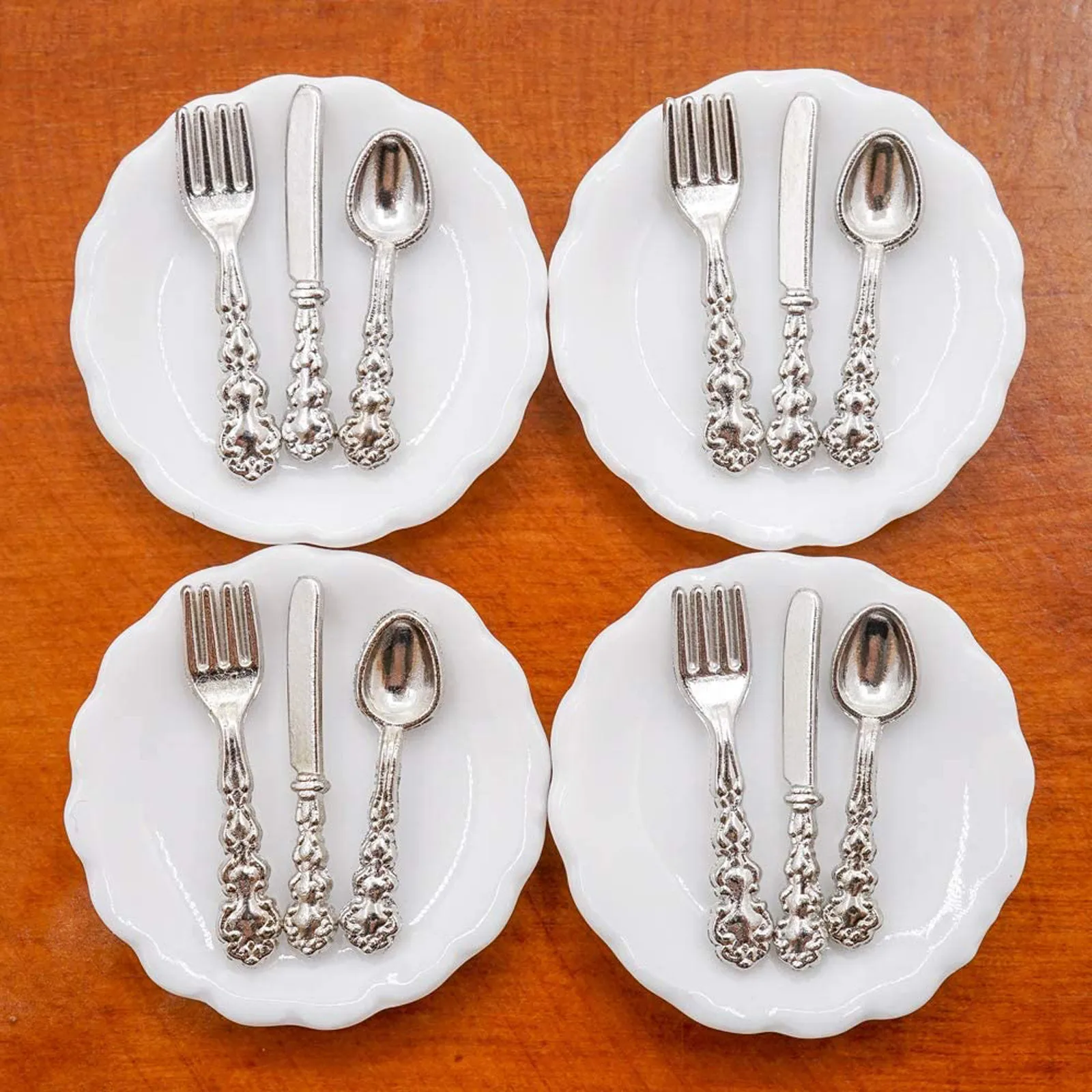 Cuchillo clásico, tenedor y cuchara, plato para cubiertos, 1/12, platos en miniatura de 4 piezas y 12 piezas de cubiertos, accesorios de cocina para casa de muñecas