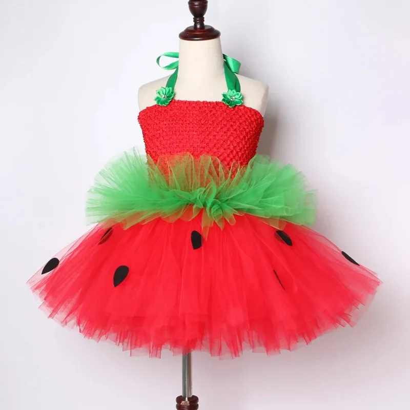Cute strawberry tutu dress red green tulle flowers Princess girls birthday party dress children kids Christmas Halloween costume