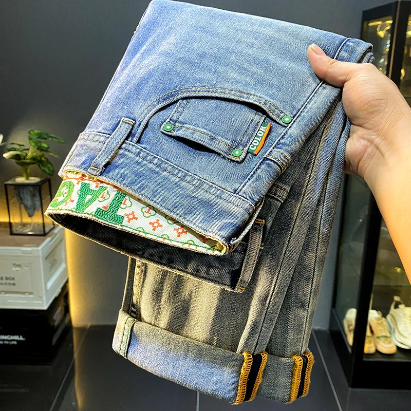 

2024 new men jeans fashion high-end casual straight tube slim fit elastic versatile retro distressed washed printed denim pants