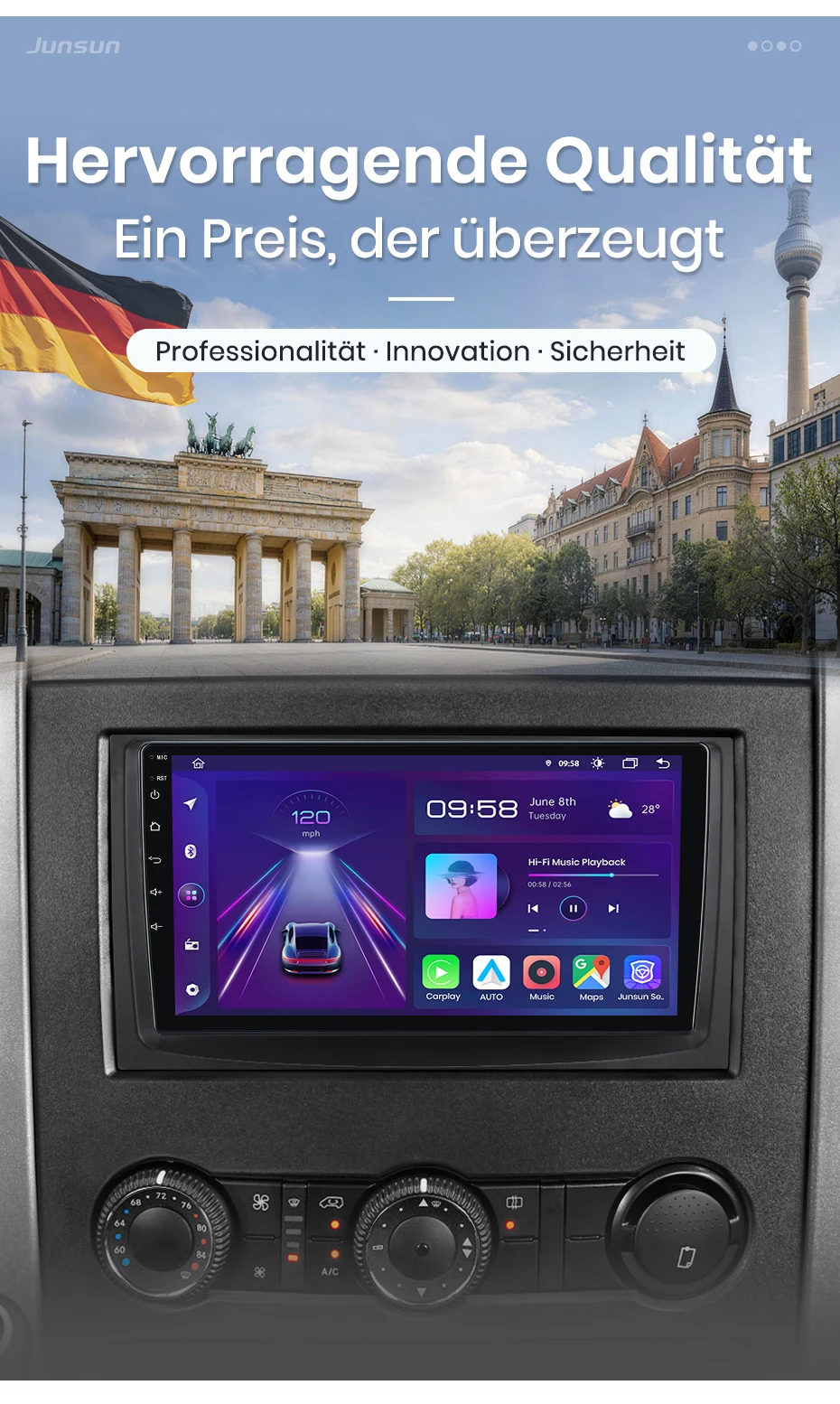 Junsun 9-Zoll Android 15 Autoradio für Mercedes-Benz Sprinter und Volkswagen Crafter 2006-2016, kabelloses Apple CarPlay, IPS-Bildschirm, Stereo-Multimedia-Videoplayer, intelligentes Auto-Infotainmentsystem, 2-DIN-Autoradio-Haupteinheit, GPS-Navigation, BT, 4G, WLAN, FM, AM, DSP, RDS – Detail 2
