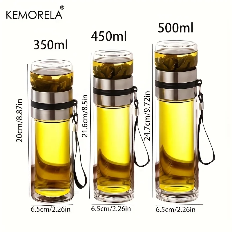 1pc Leakproof Double-Wall Insulated Glass Tea Soaking Bottle with Water Separation Compartment 350ml/450ml/500ml Reusable Travel