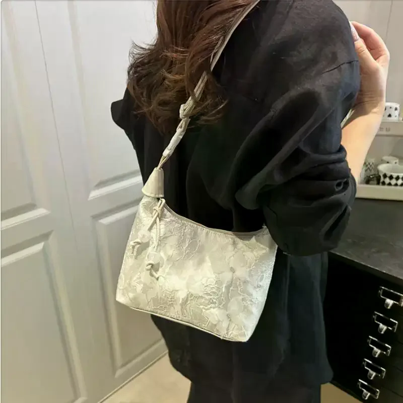 Chinese Style Embossed Floral Shoulder Bag Large Capacity Crossbody Underarm Bag Vintage Knot Handbag For Women Daily Travel Use