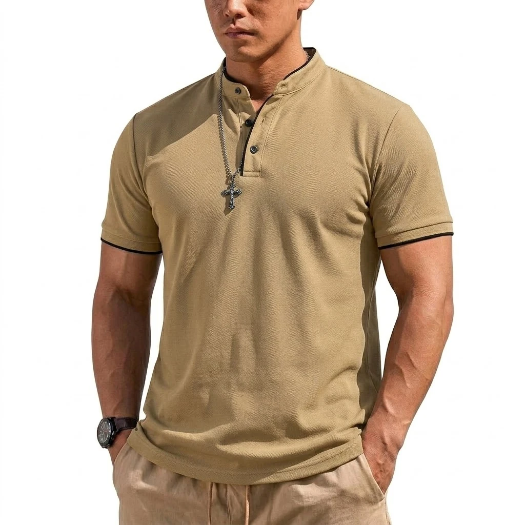 Summer Short Sleeve Henley Shirt Men Button Polo Shirts Classic Collarless T-Shirts for Men Luxury Breathable Hiking T-shirt Gym view 3