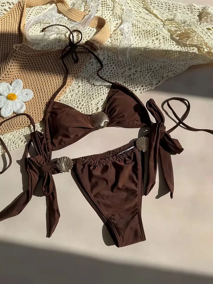Vzvn Sexy Lace Up Decoration Bikinis Women Split Swimsuit Beach Bikini 2026 All Season Solid Backless Bikinis 2 Piece Set