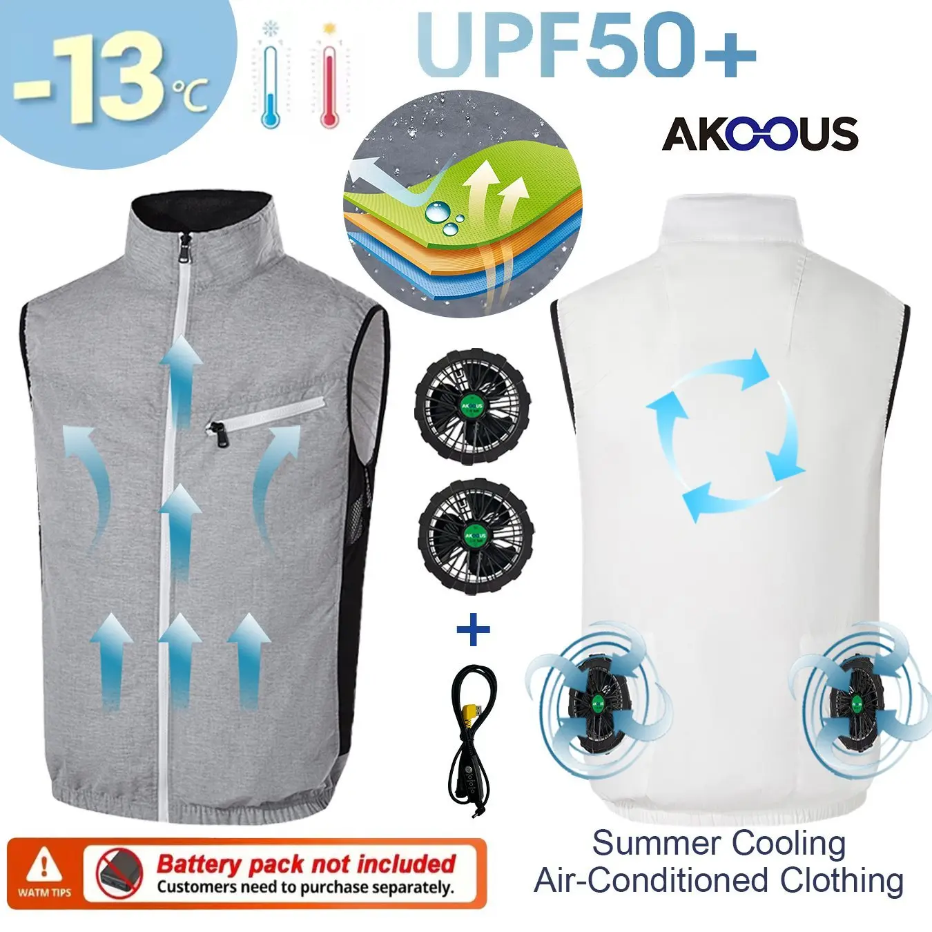 

12V/5V USB Solid Color Cooling Fan Vest Men Summer Sleeveless Air Conditioner Work Vest 3 Speed Heat Resistant Outdoor Vest
