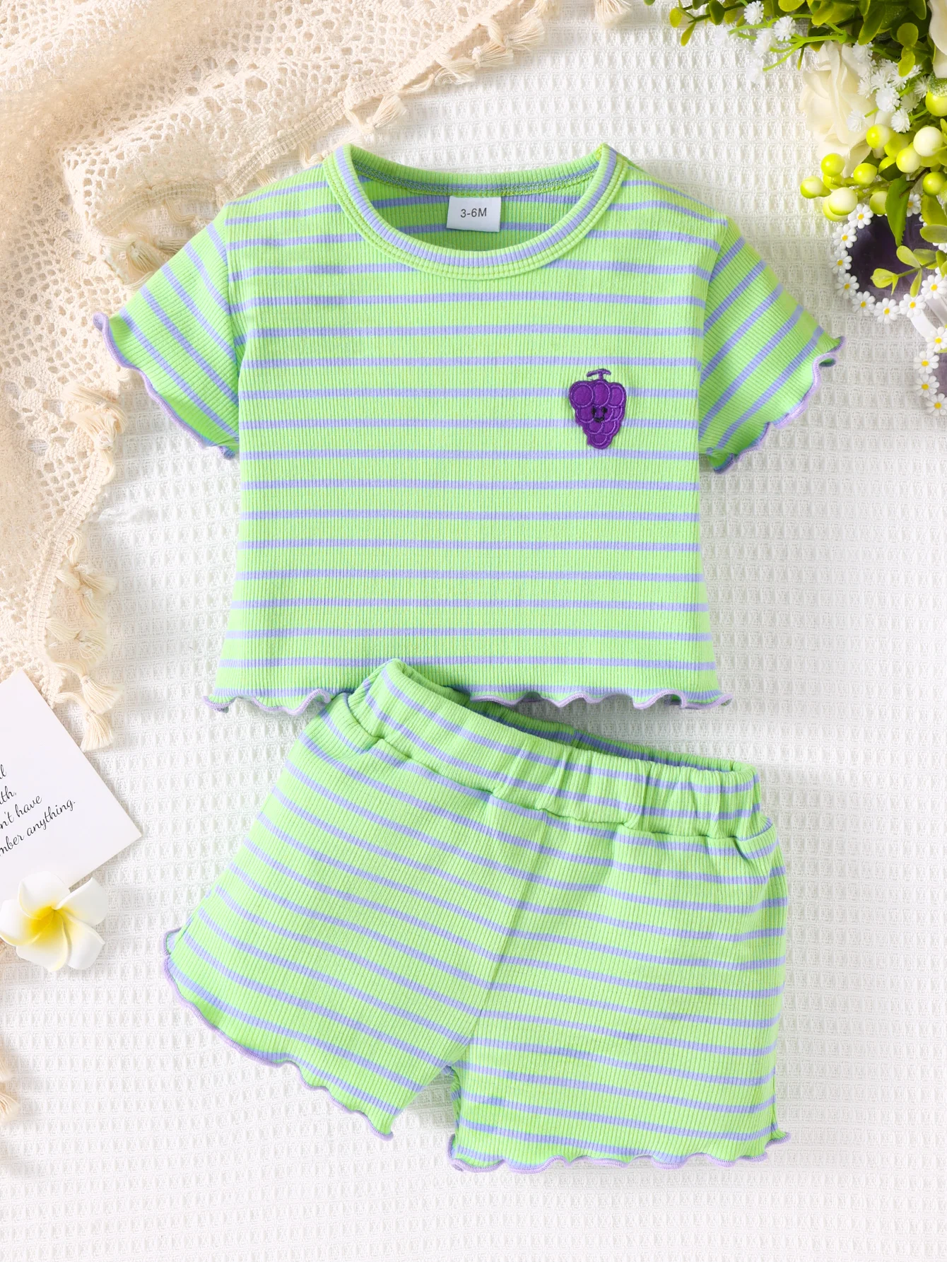 

2-Piece Baby Striped Set Yellow-Green-Purple Grape Embroidery Ribbed Ruffle Cute Daily Wear