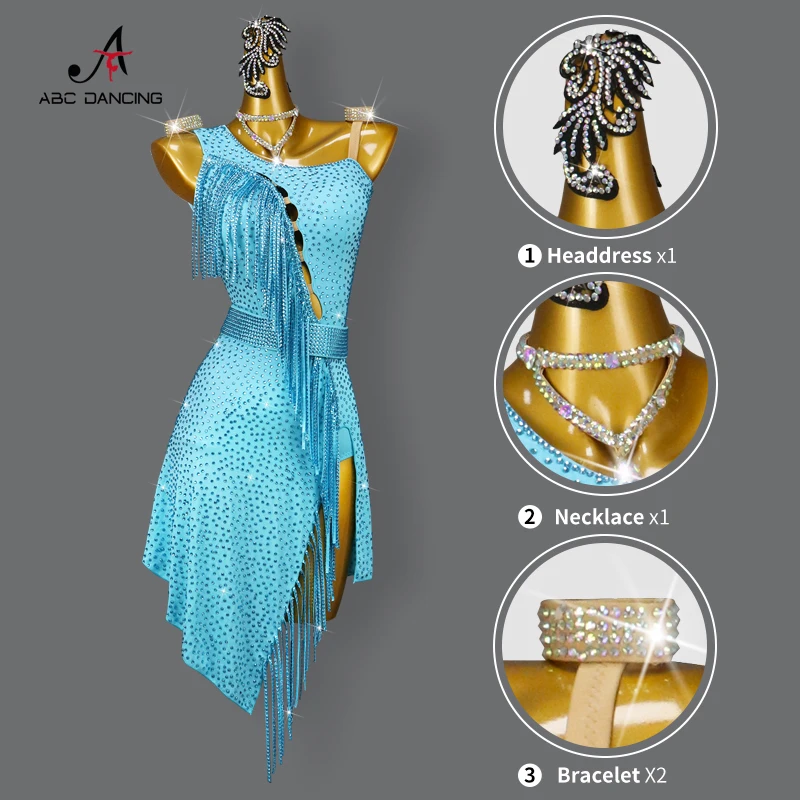 2024 New Blue Latin Dance Dress Competition Costume Sexy Skirt Ball Practice Wear Ladies Fringe Line Suit Party Sport Customized