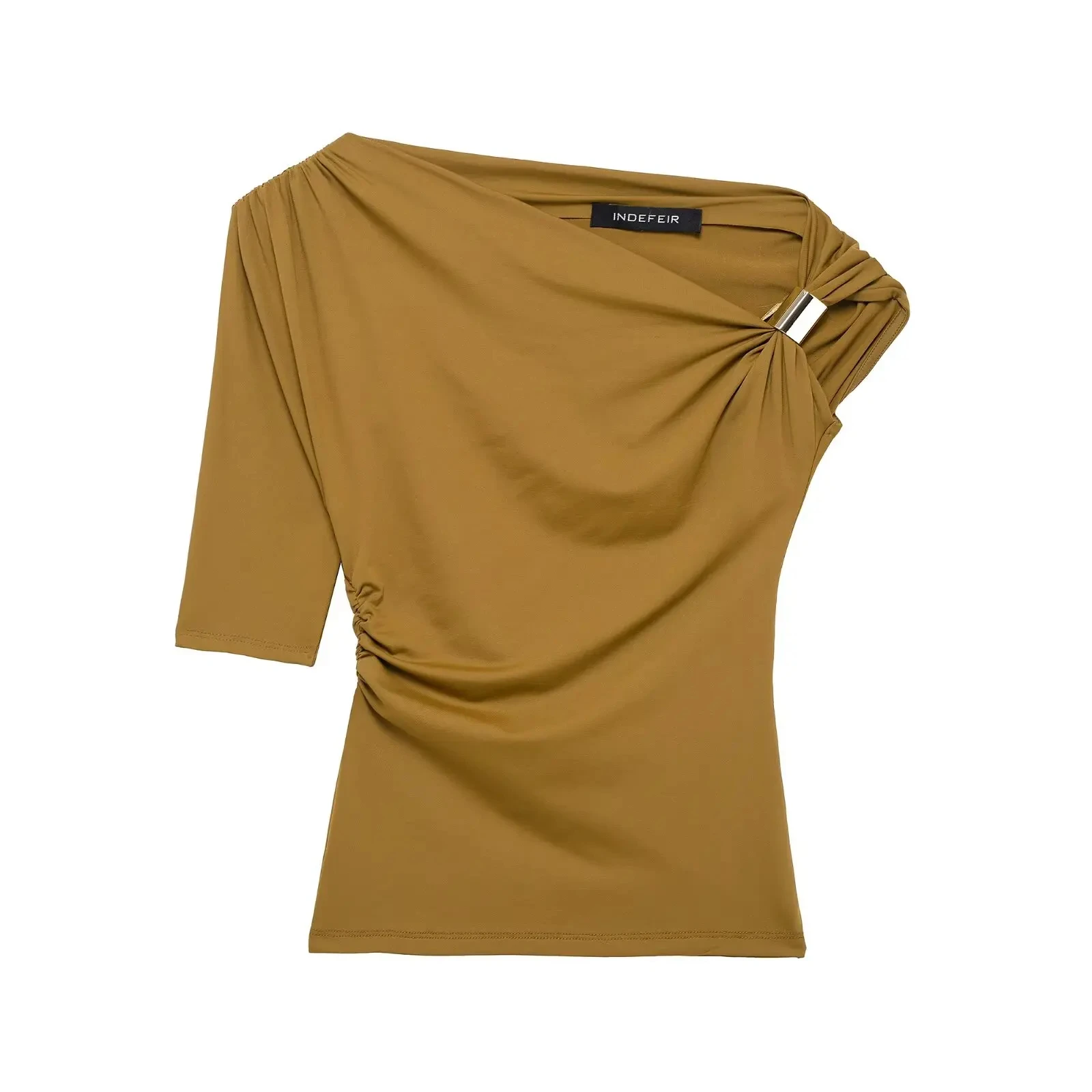 HH 2025, Frühling, Damen, sexy, asymmetrisch, faltig, Weste, schick, schmaler Kragen, One-Shoulder-Damen, schmales T-Shirt, Top, Straßenkleidung – Detail 4