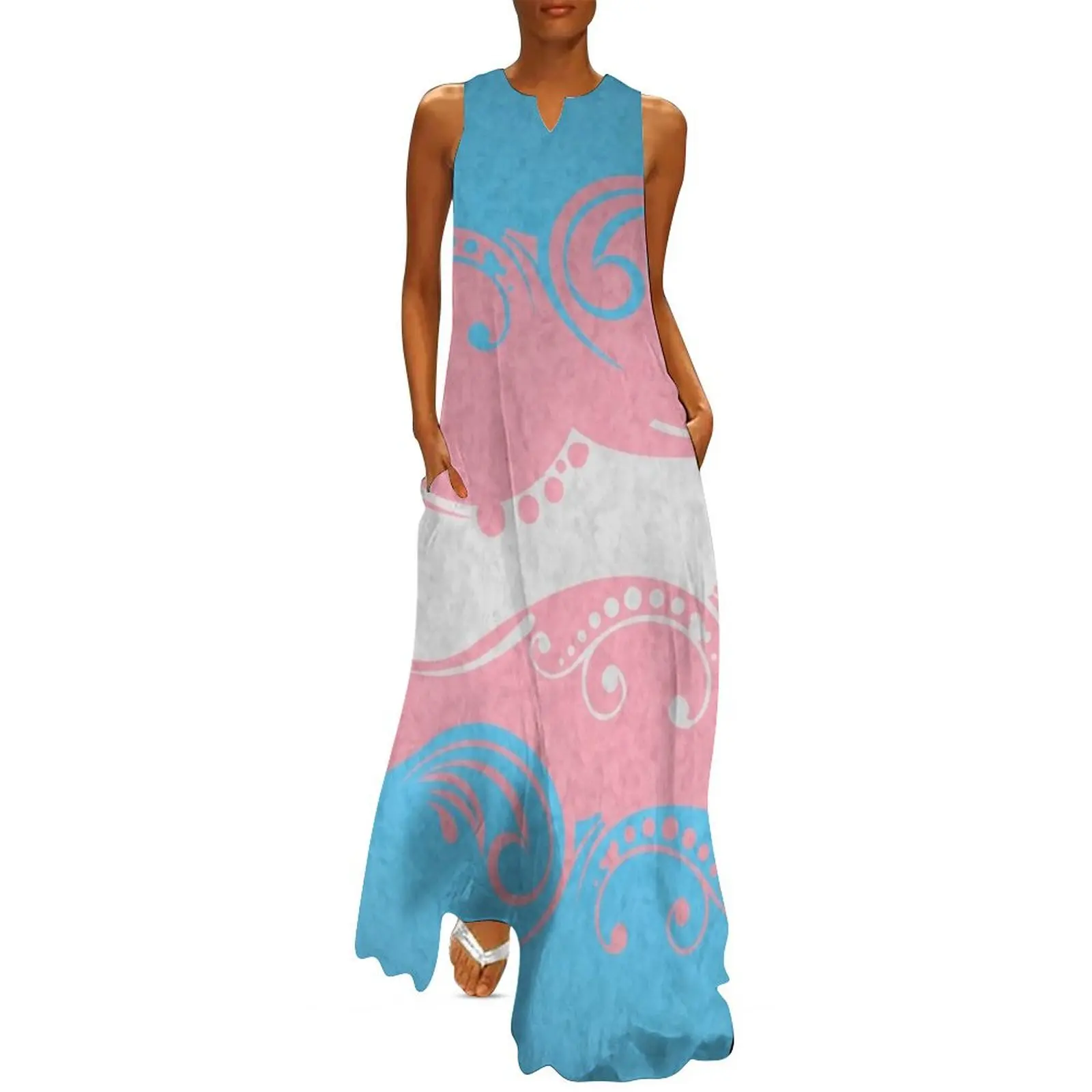 

Fancy Swooped and Swirled Transgender Pride Flag Background Long Dress Women's skirt long sleeve dress Dress