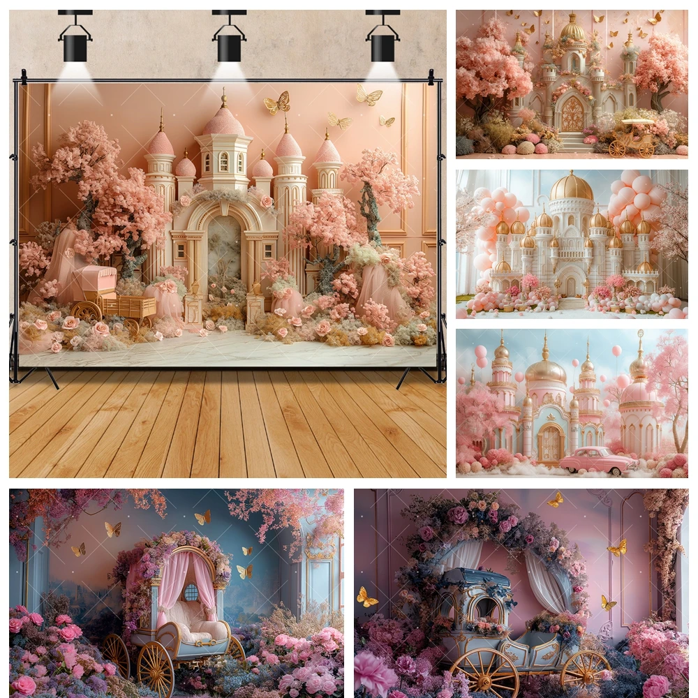 

Pink Castle Flowers Wonderland Birthday Party Banner Backdrop Custom Girls Room Photo Poster Decor Photography Props Background