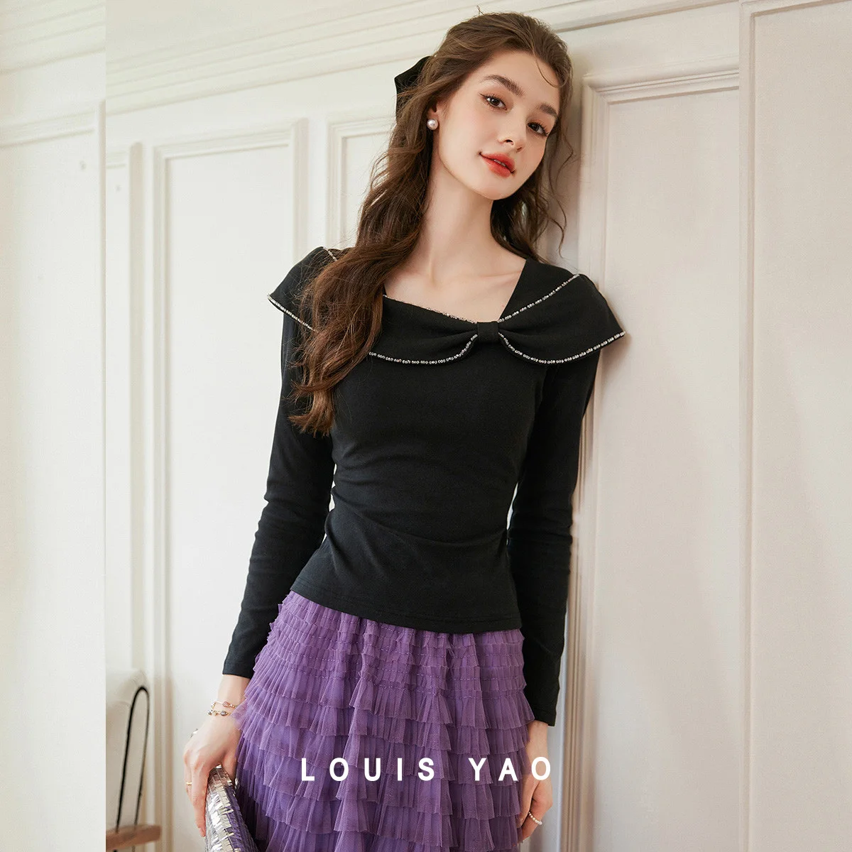 

LOUIS YAO Micro Bow Irregular Collar Women's Tees 2025 Autumn Gentle Elastic Hand Sewn Bead Decorative Long Sleeve T-Shirts