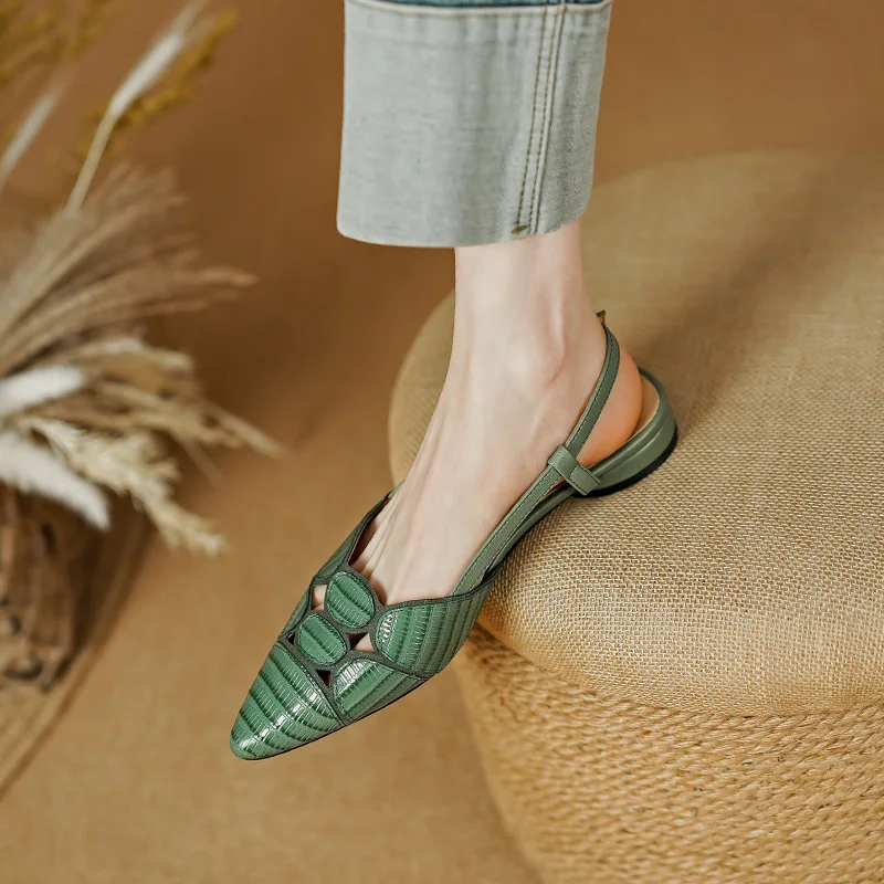 2023 New Sexy Pointed Toe Women Sandals Spring Summer Slingback Pumps Low Heels Genuine Leather Fashion Office Party Shoes Woman