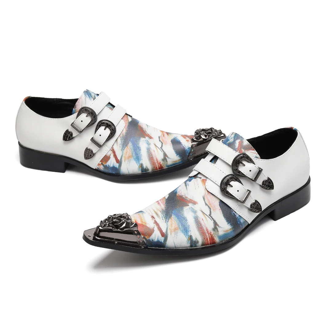 

Metal Pointed Toe Real Leather Men Dress Shoes Plus Size Buckle Strap Business Wedding Brogue Shoes Male Formal Oxford Shoes