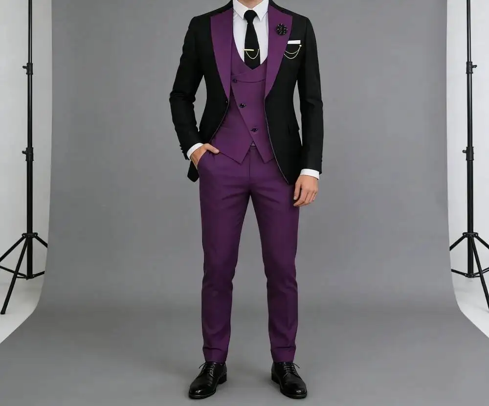 Purple 3 Pieces Pinstripe Single Breasted Evening Party Formal Man Suit Set Classic Jacket Vest Pants Wedding Suit Customized