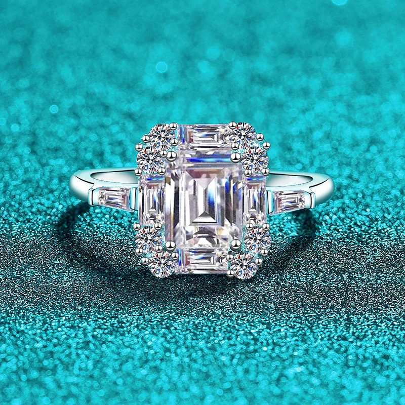 Fine facet polishing boosts sparkle of chamfer square ring for women with bright 2ct moissanite on glossy PT950 platinum body