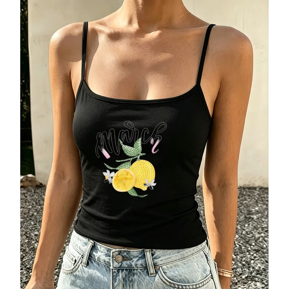 March Birthday Graphic Camisole Women Cute Lemon Fruit Print Tank Top Vintage Black Spaghetti Strap Cami Slim Fit Aesthetic Vest