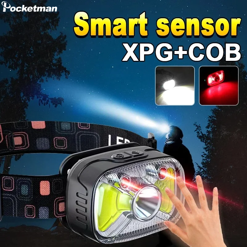 Super Bright LED Sensor Headlamp Type-C USB Rechargeable 7-Modes Head Lamp Outdoor Night Fishing Waterproof Head Torch