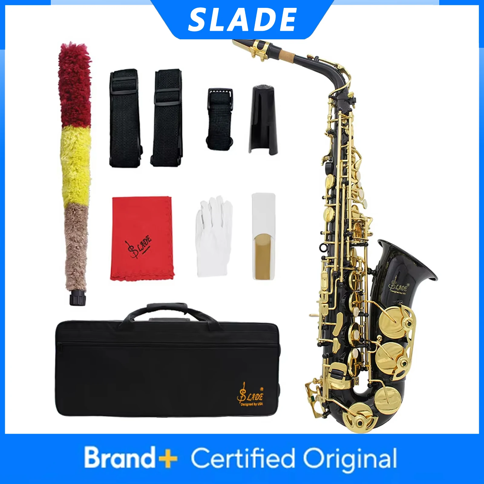 

Саксофон альт SLADE Eb, латунный корпус, профессиональный, черный, духовой инструмент с кейсом, тростниками, перчатками, запчастями и аксессуарами