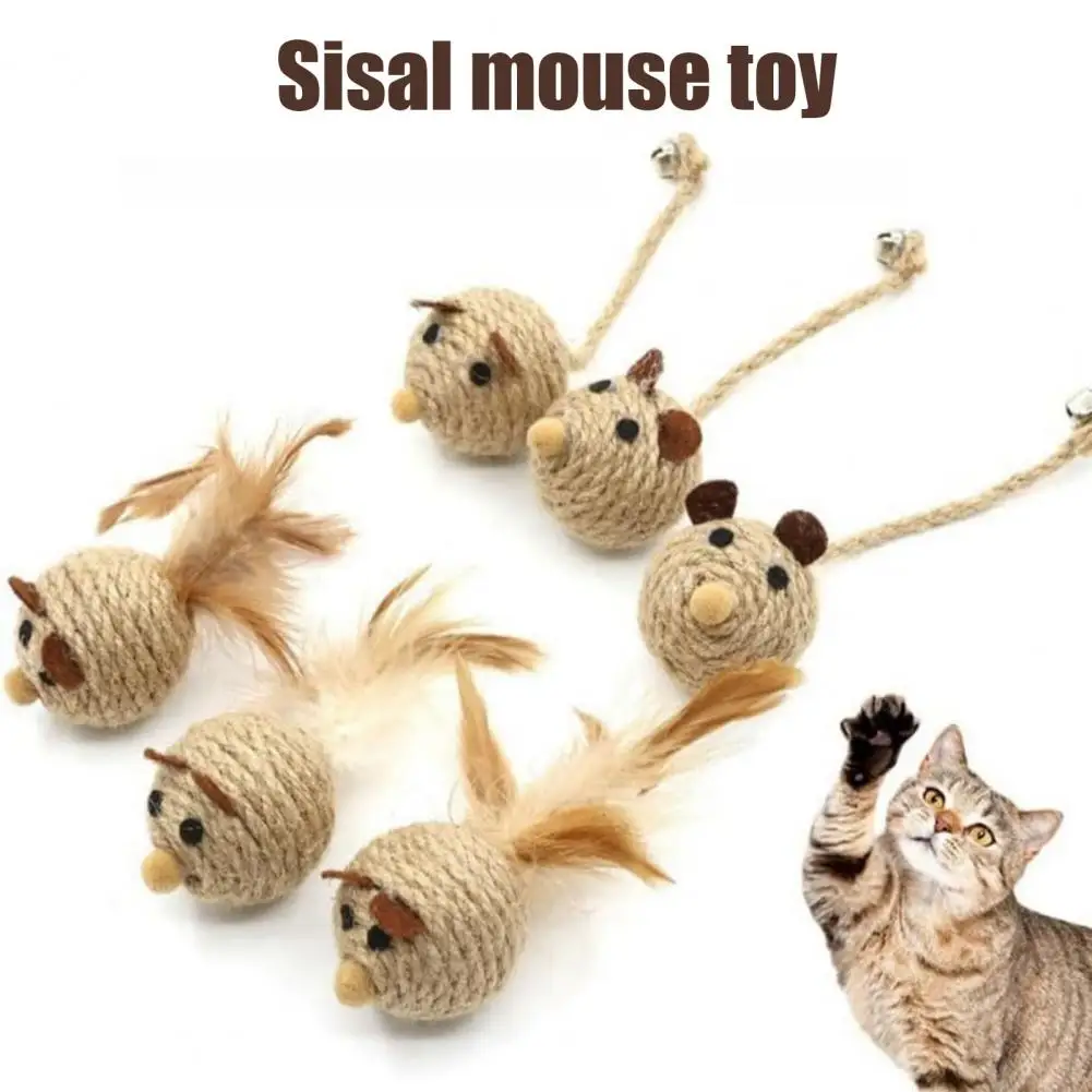 Handwoven Hemp Rope Mice Cat Toy With Natural Feather And Jingling Bell - Interactive Play For Cats, Durable And Fun Pet Toy