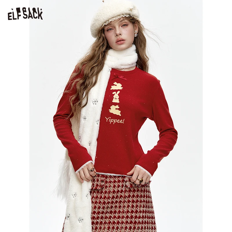 

ELFSACK 2024 Winter New Arrivals Round Neck Lace Stitching Rabbit Print Long Sleeve T-Shirt Women