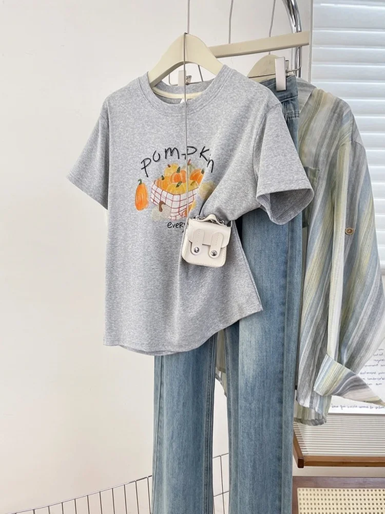 Summer New Style Simple Print T-Shirt Women's round Neck Short Sleeve Top Trendy Match All Cotton Lycra Elastic Fiber Ball Re...