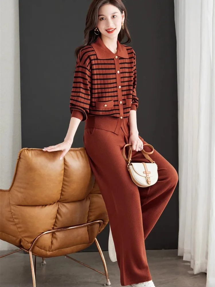 Casual Knitted Sweater 2 Pieces Sets Korean Stripe Knitwear Cardigan Slim Tops Conjuntos High Waist Baggy Wide Leg Pants Suits