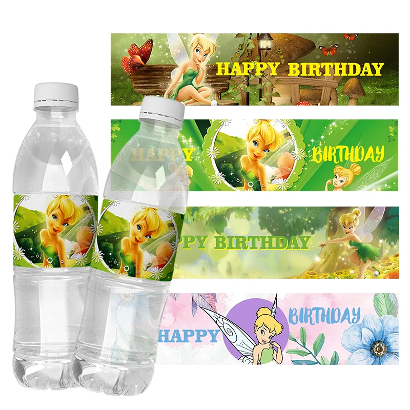 6pcs Tinker Bell Water Bottle Wraps Sticker Labels Baptism Baby Shower Birthday Party Decorations self-adhesive Sticker Supplies