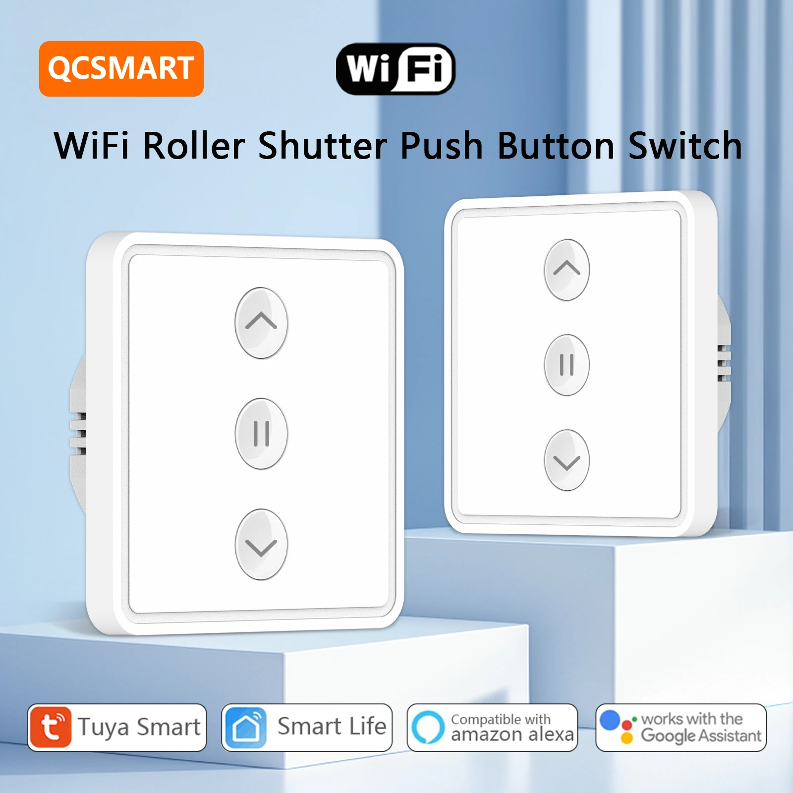 QCSMART Tuya Smart Life Roller Shutter Curtains Push Button Switch 80*80 Panel Remote Voice Control  via Alexa Google Assistant