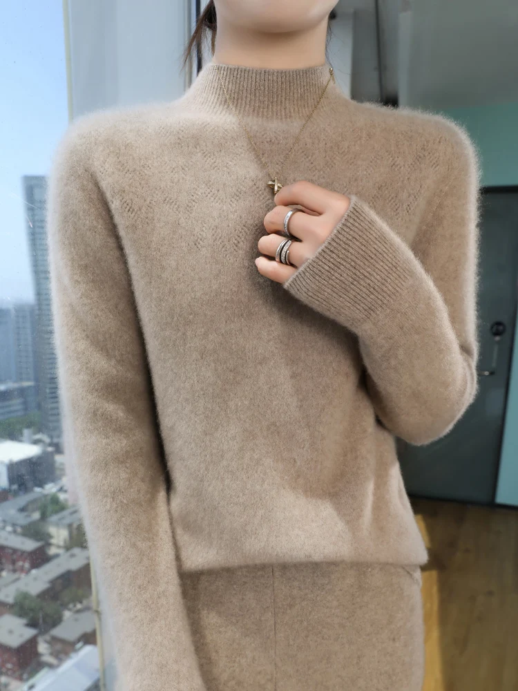 Autumn Winter Merino Wool Sweater Women Cashmere Half-high Collar Pullover Hollowed Jacquard Knitwear Female Bottoming Clothes