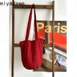 Miyagawa Women 2024 New Korean Style Canvas Casual Versatile Large Capacity One Shoulder Handheld Bucket Bags