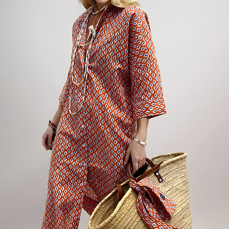 SKMY 2025 Spring Women Clothing Fashion New Striped Single-Breasted Cardigan Three-Quarter Sleeve Turn-Down Collar Shirt Dress