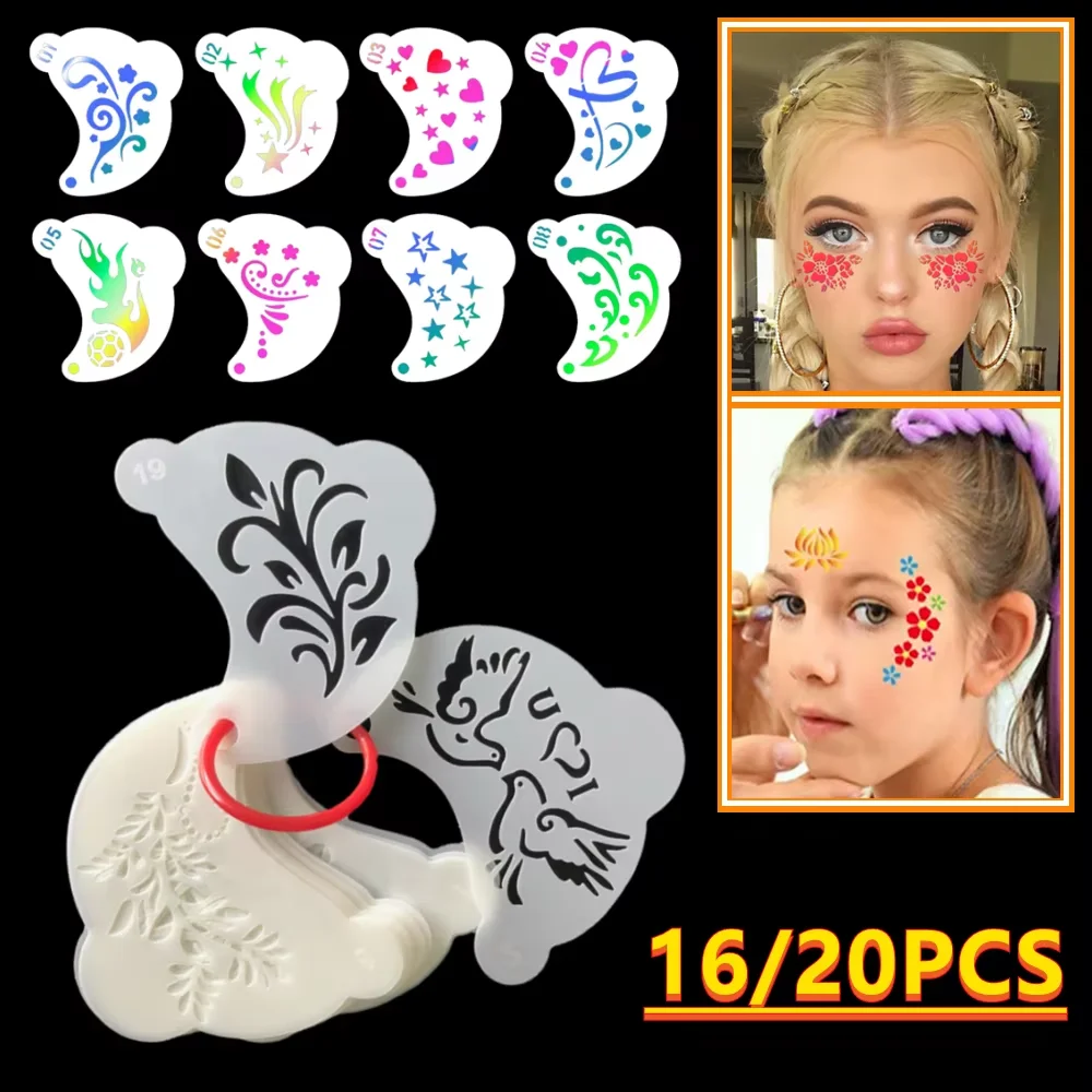 16/20Pcs Face Painting Stencils Reusable Art Paint Tattoo Stencils, DIY Drawing Stencils for Children Adults Face Makeup Tool