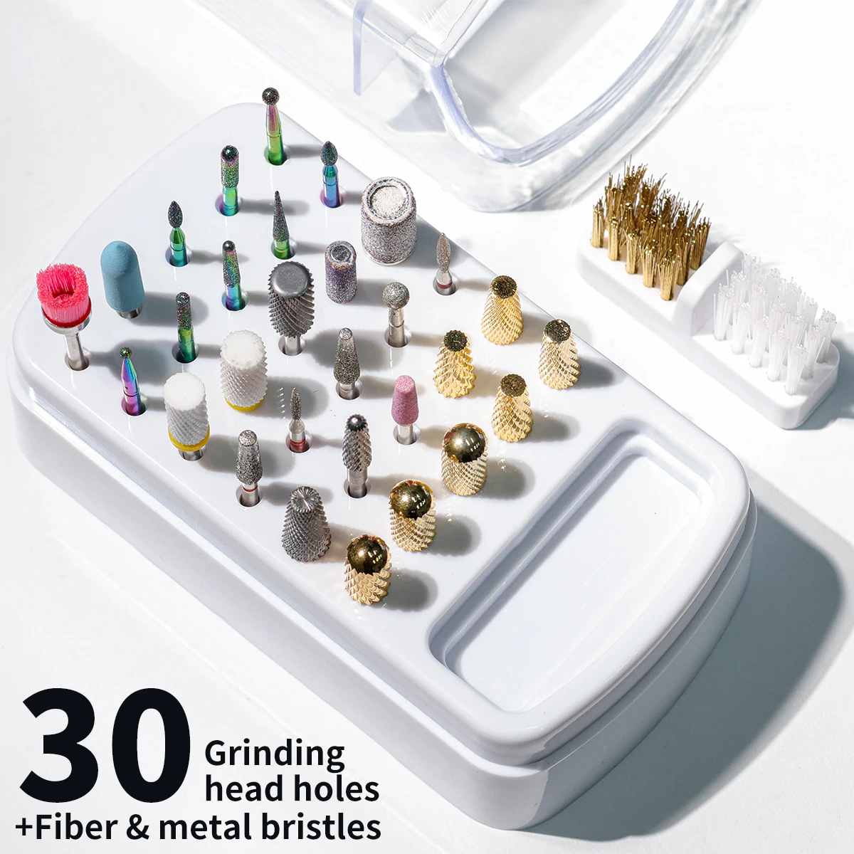 Boîte de rangement de tête de ponçage à 30 trous, avec brosse de nettoyage, boîte vide, anti-poussière, acier au tungstène fendu, outils à ongles en céramique
