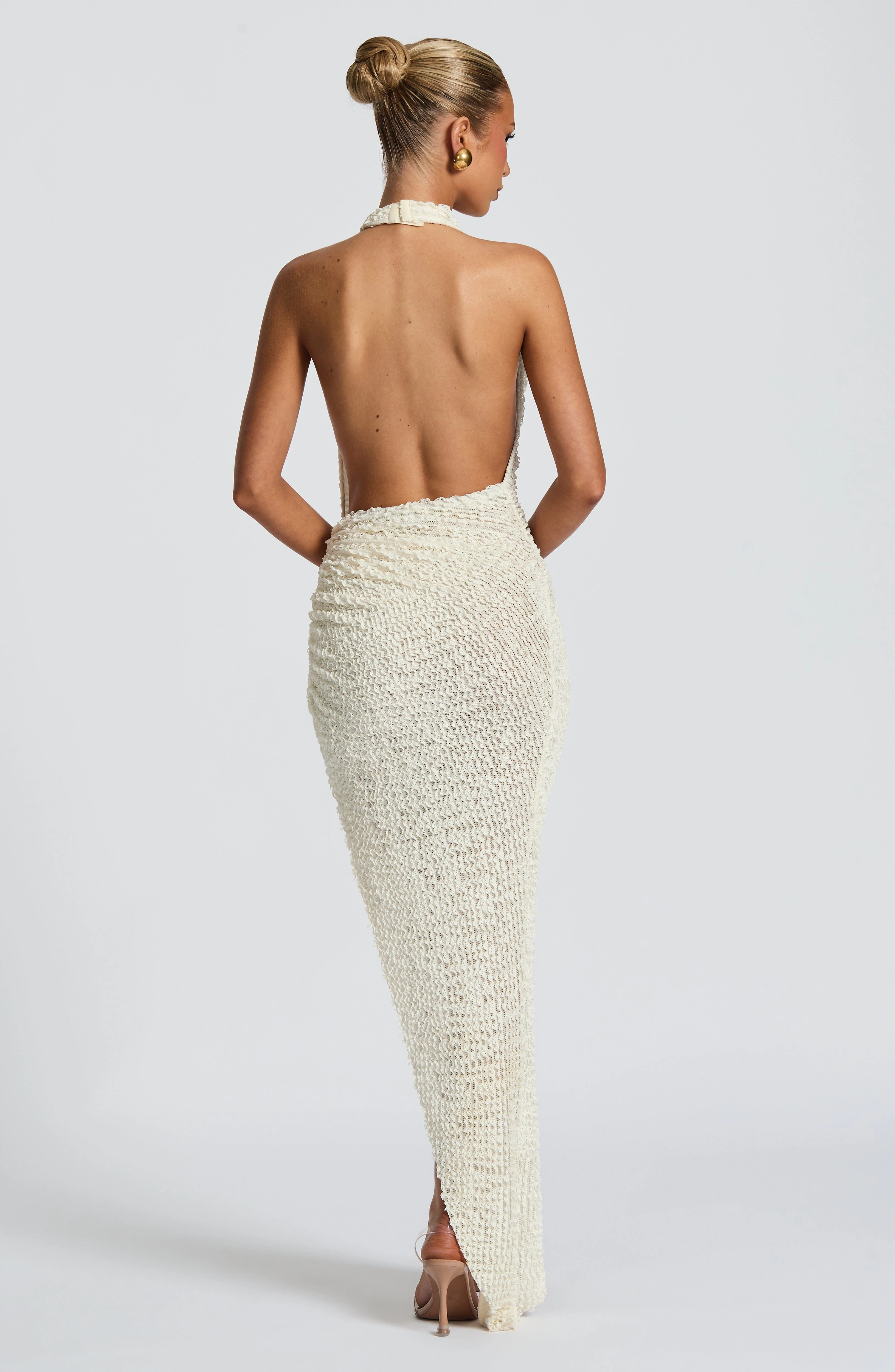 Women Cream Textured Halter Maxi Dress Deep V Neck Side Ruched Drawstring High Slit Bodycon Dresses Beach Club Night Outfit