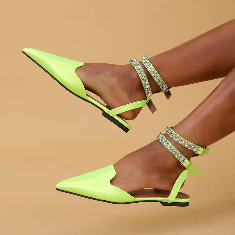 Funky Rhinestone Flat Sandals Women Summer 2023 Pointed Toe Strappy Sandals Woman Plus Size 42 Ankle Straps Party Shoes Flats