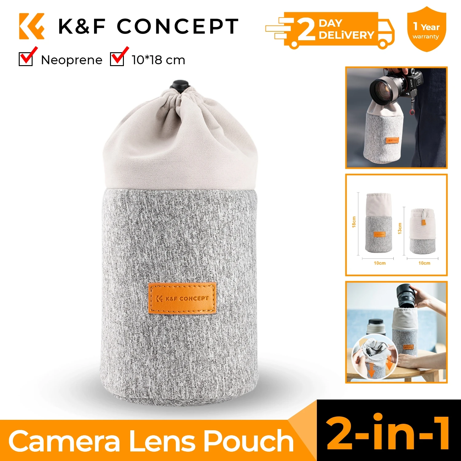 

K&F CONCEPT Сумка для объектива камеры 2 в 1 для объектива камеры Удлиненная защита от царапин и ударов от 13 до 18 см с мягкой подкладкой без пыли