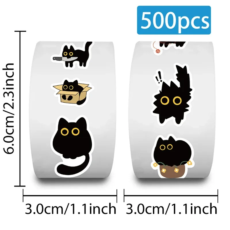 500Pcs Black Cat Sticker Rolls Funny Cartoon Cat Meme Cute Label Decals Crafts for Laptop Guitar Skateboard Decor School Rewards