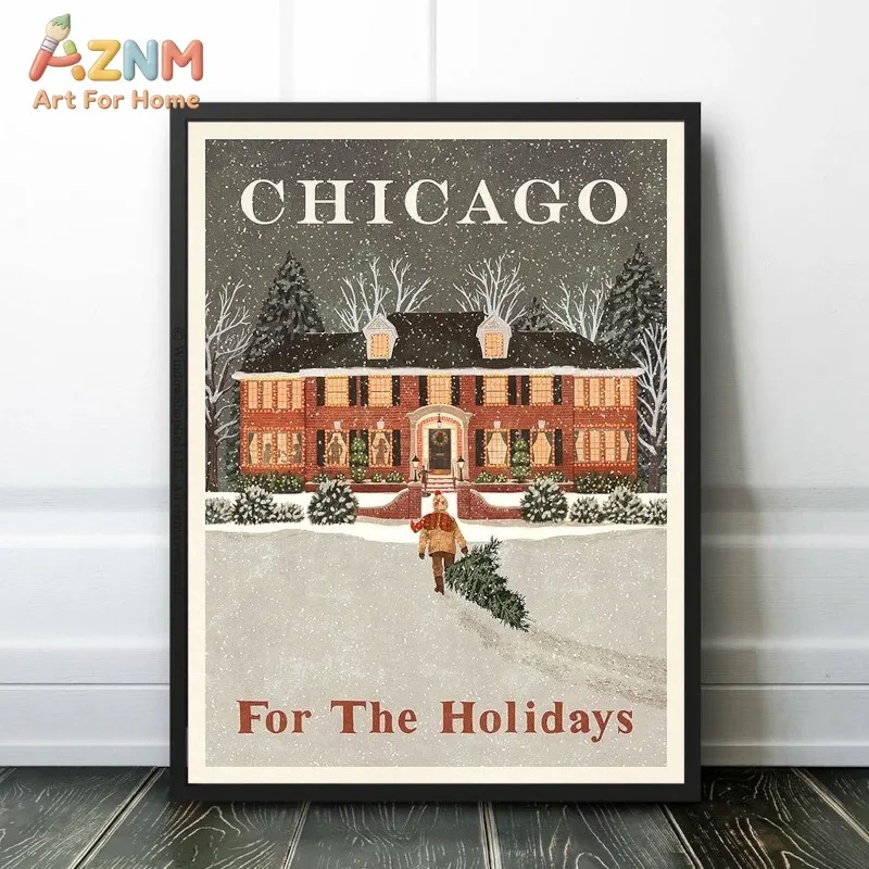 Vintage Chicago Holiday House Snowy Christmas Canvas Poster Prints Frameless Wall Art Festive Winter Cozy Home Warm Decorations