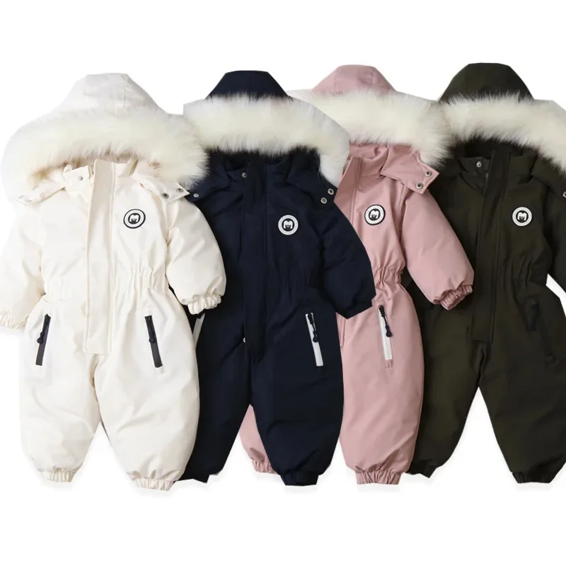 and Winter Baby Girls Boys Detachable Fur Fleece Lined Two-Way Zip Ski Suit Jumpsuit Kids Warm Bodysuit Outfit Child Coat 1-6Yrs